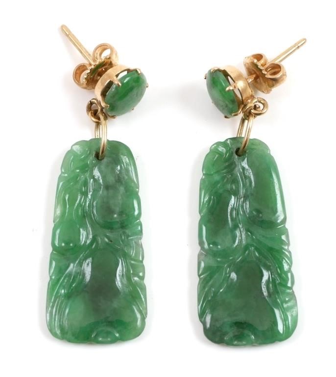 14K GOLD CHINESE CARVED JADE EARRINGSDelicate 365a80