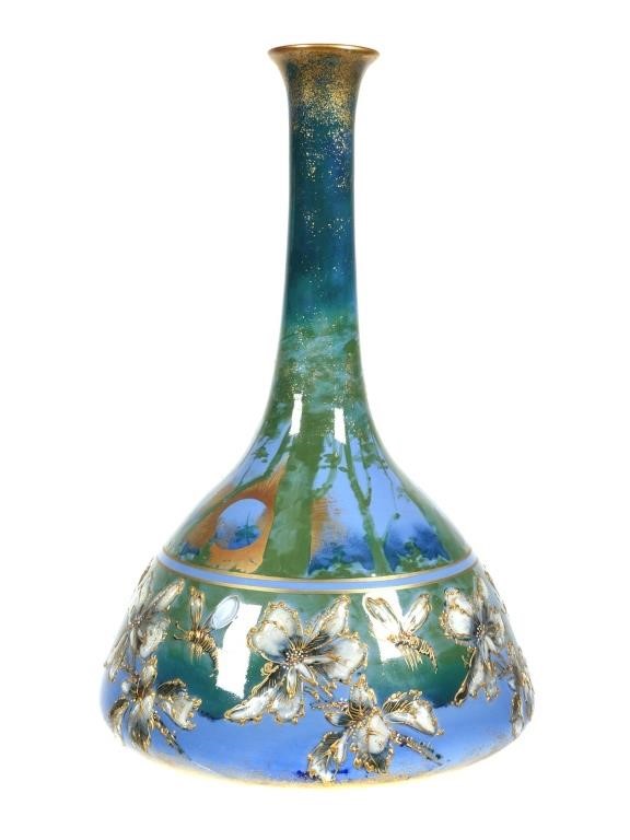 FRENCH ENAMEL BOTTLE VASE, BEESBlue