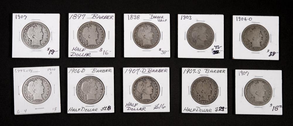 GROUP, 10 BARBER HALF DOLLAR COINSGrouping