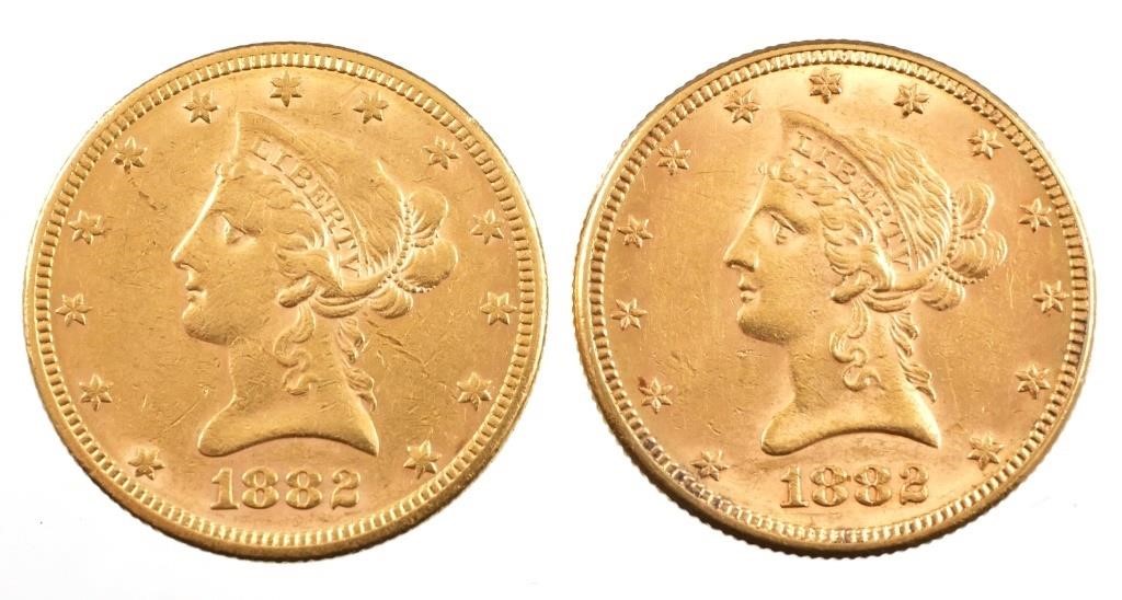 2 US 1882 GOLD EAGLE $10 COINSTwo