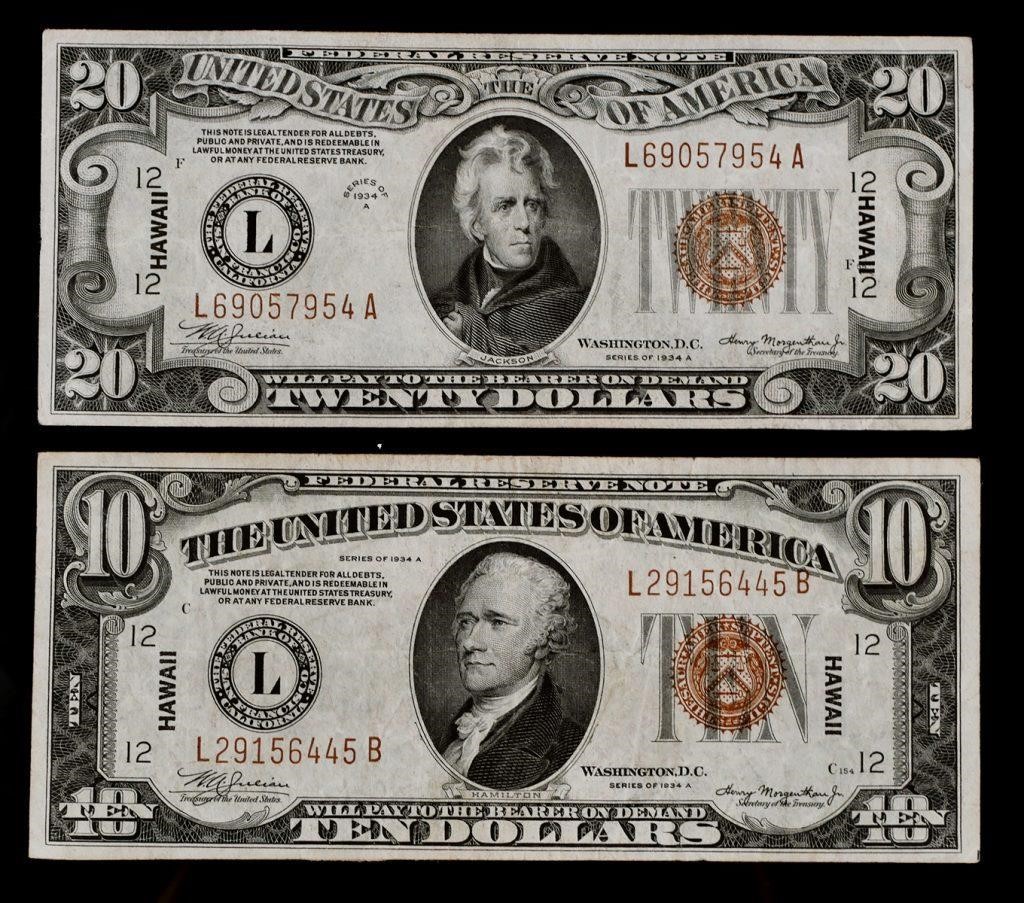 $20 AND $10 HAWAII OVERPRINT, 1934