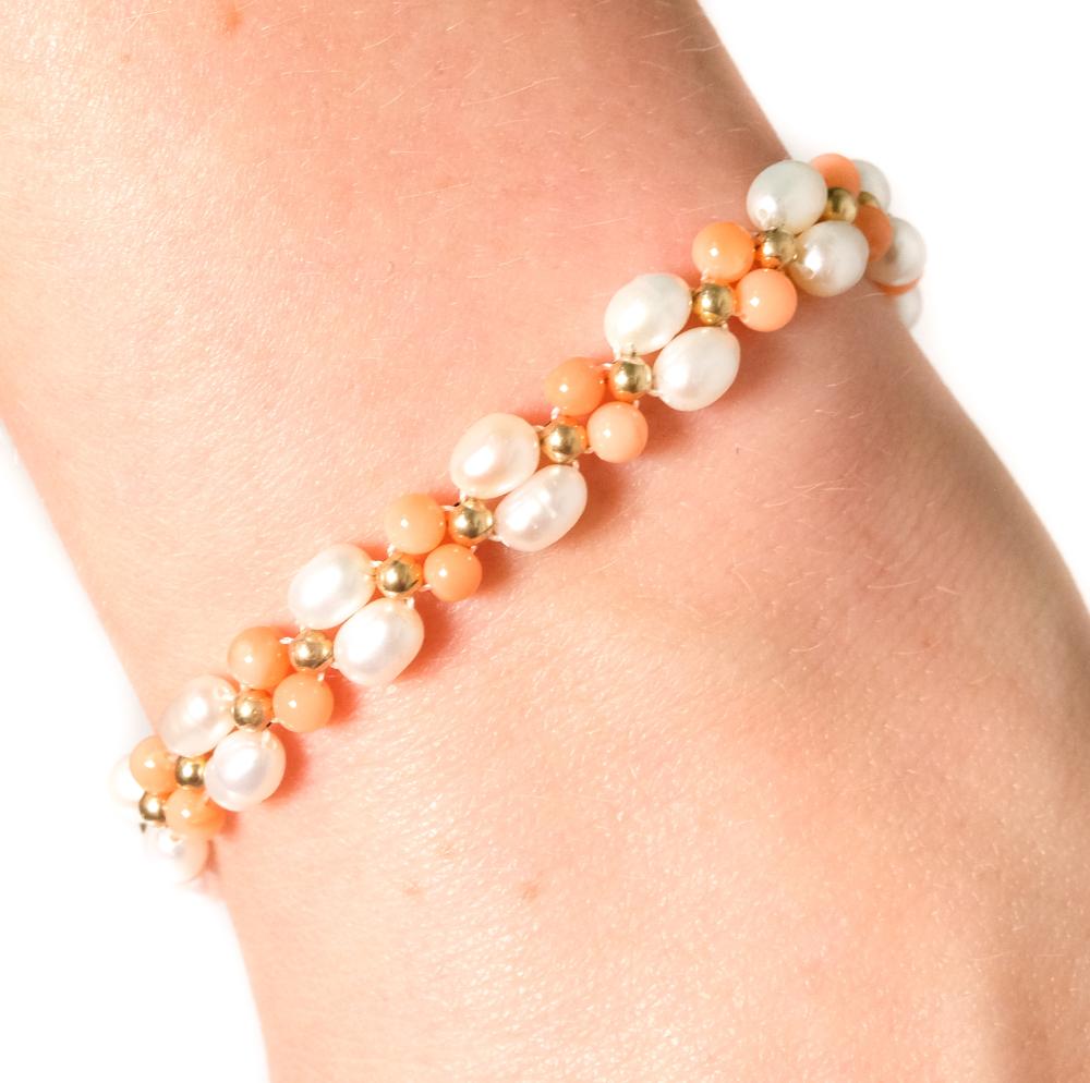 14K YELLOW GOLD CORAL PEARL BRACELET14k 365bd1