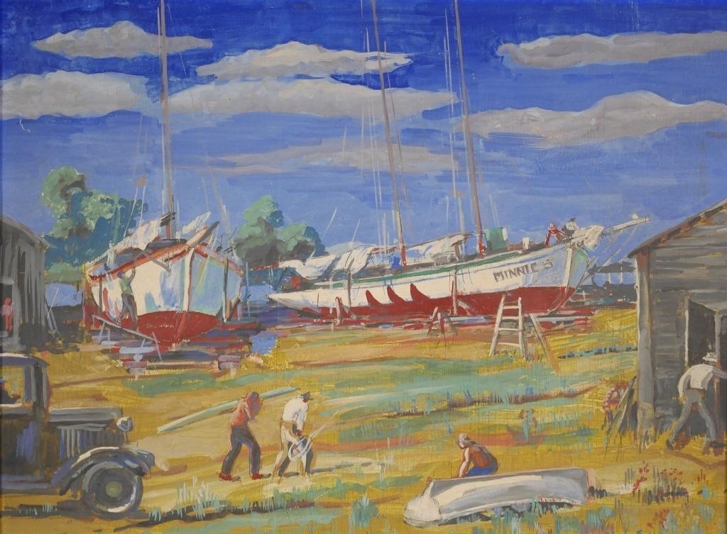 PHIL SAWYER, SAILBOATS IN A SHIPYARD,