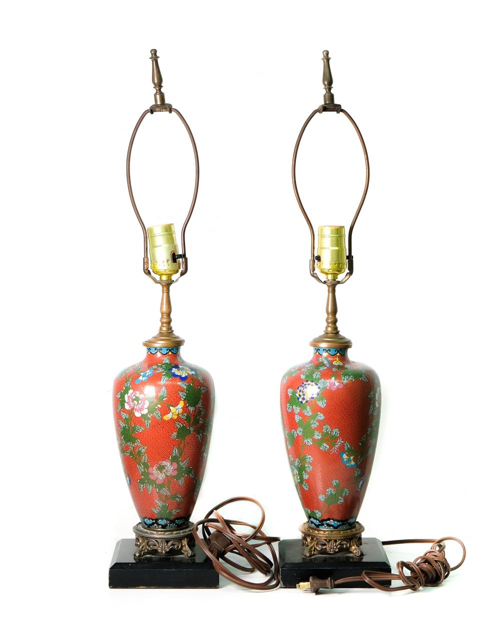 PAIR, CHINESE RED GROUND CLOISONNE