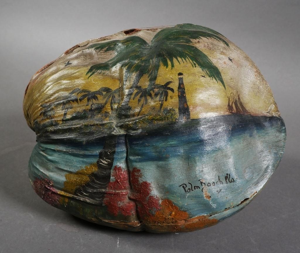 PALM BEACH 1930S PAINTING ON COCONUTVintage