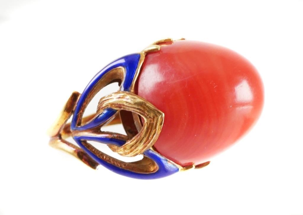 18K YELLOW GOLD CORAL ENAMEL RING18K 365e21