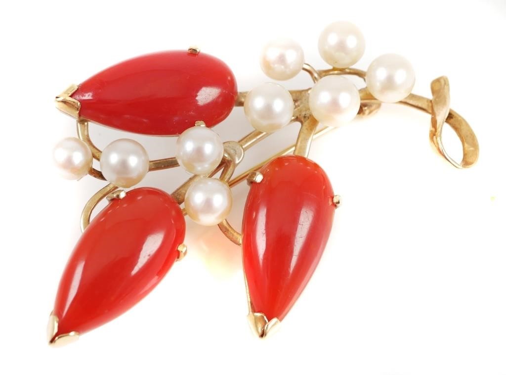 MING S CORAL AND PEARLS 14K GOLD 365e3c