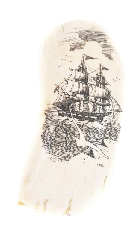 SCRIMSHAW SPERM WHALE TOOTH DEPICTING