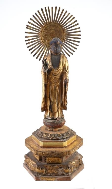 CARVED WOOD GILT BUDDHA STATUEAntique 365f36