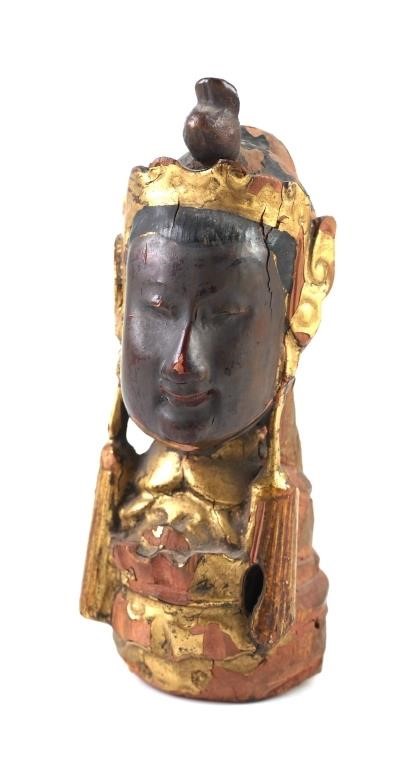 CARVED WOOD & GILT BUDDHA BUSTAntique