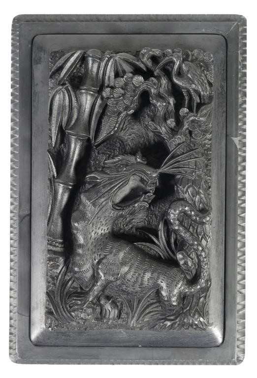 CHINESE INKSTONE BOX, CARVED TIGER