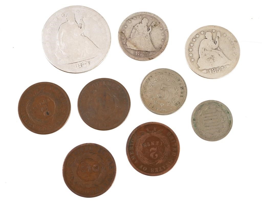 9 OLD US COINS INCL 1875 TWENTY 3660c7