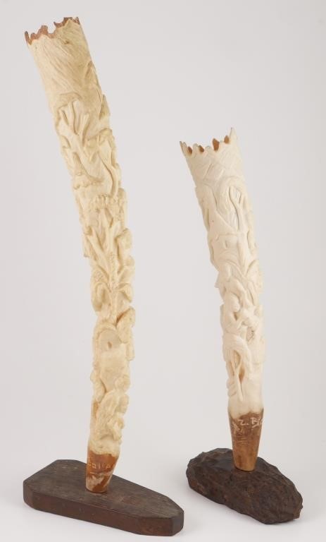 (2) CARVED FIGURAL AFRICAN IVORY TUSKS,