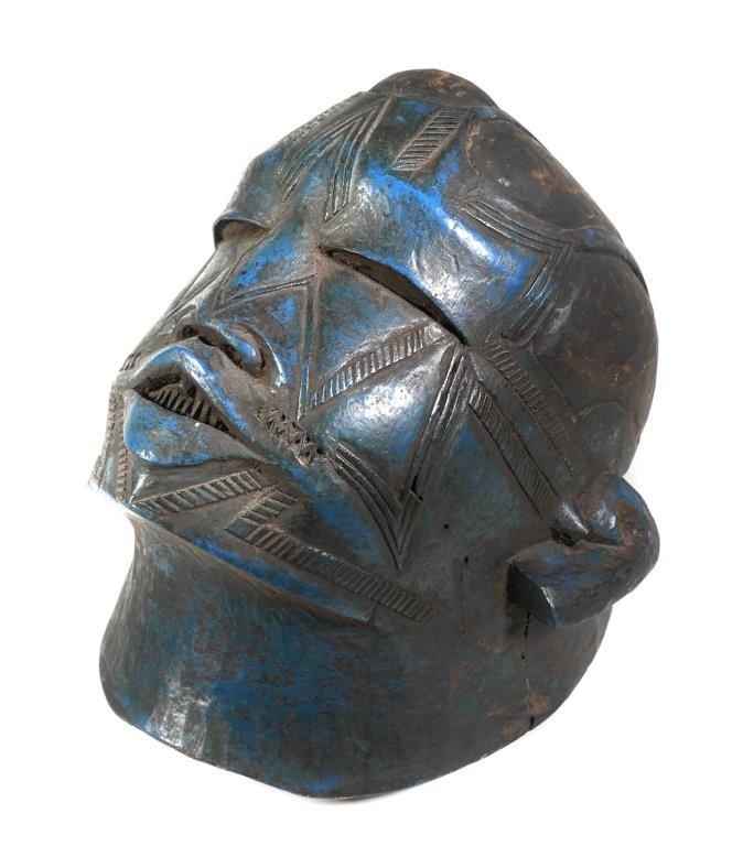 WOODEN TRIBAL MASK, HAND CARVEDBlue