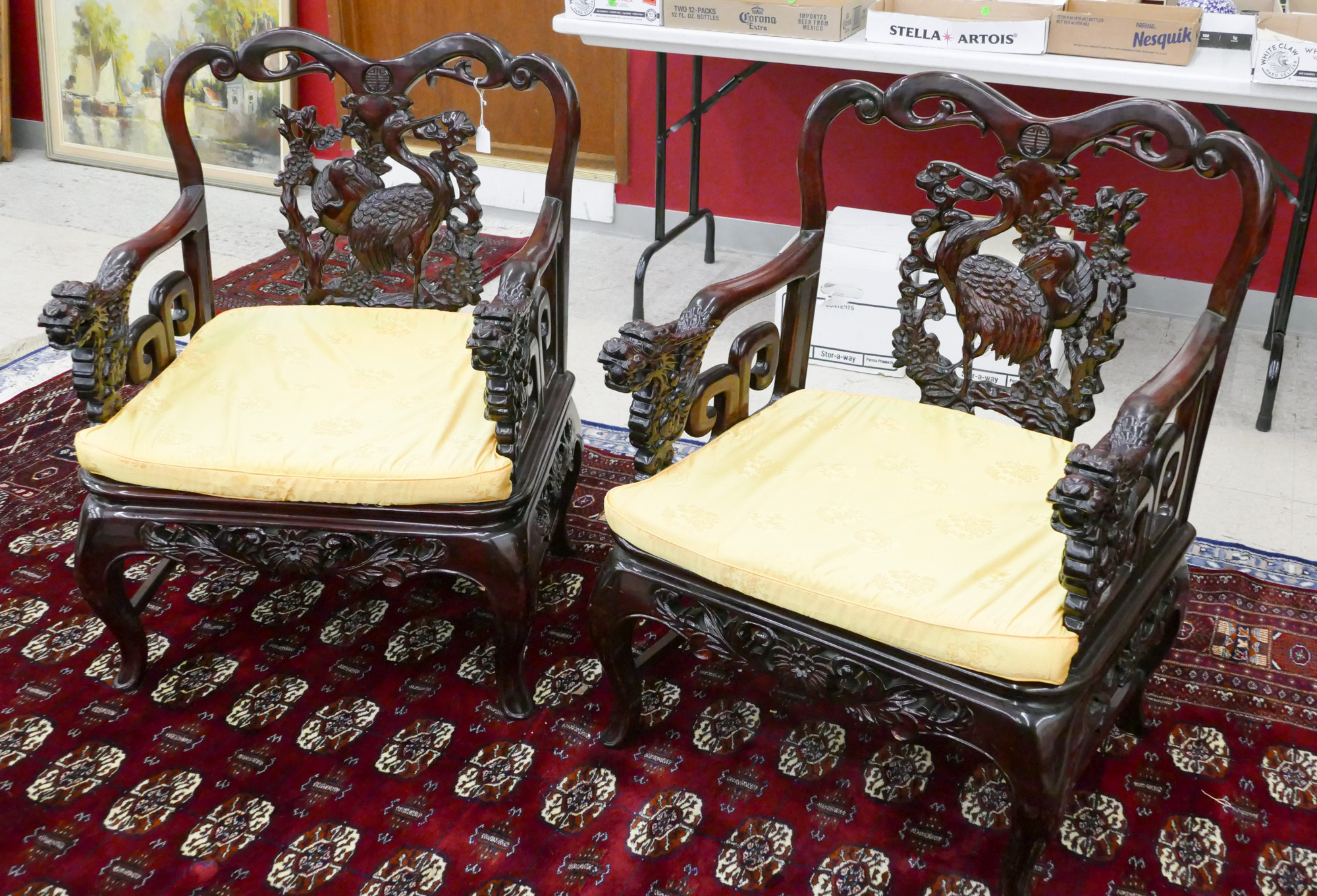 Pair Chinese Carved Dragon Armchairs