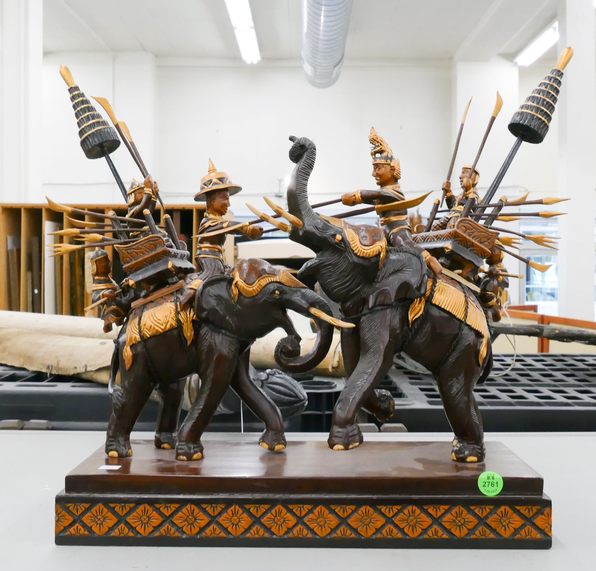 Thai Fighting Elephants Wood Sculpture-