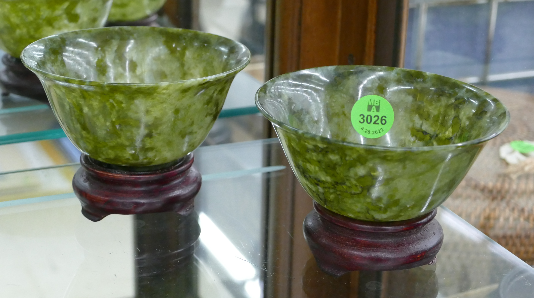 Pair Chinese Spinach Jade Bowls 368bf1