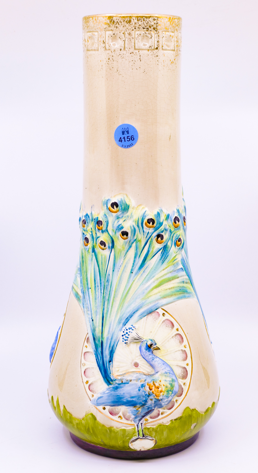 Art Nouveau Peacock Ceramic Vase- cracked-