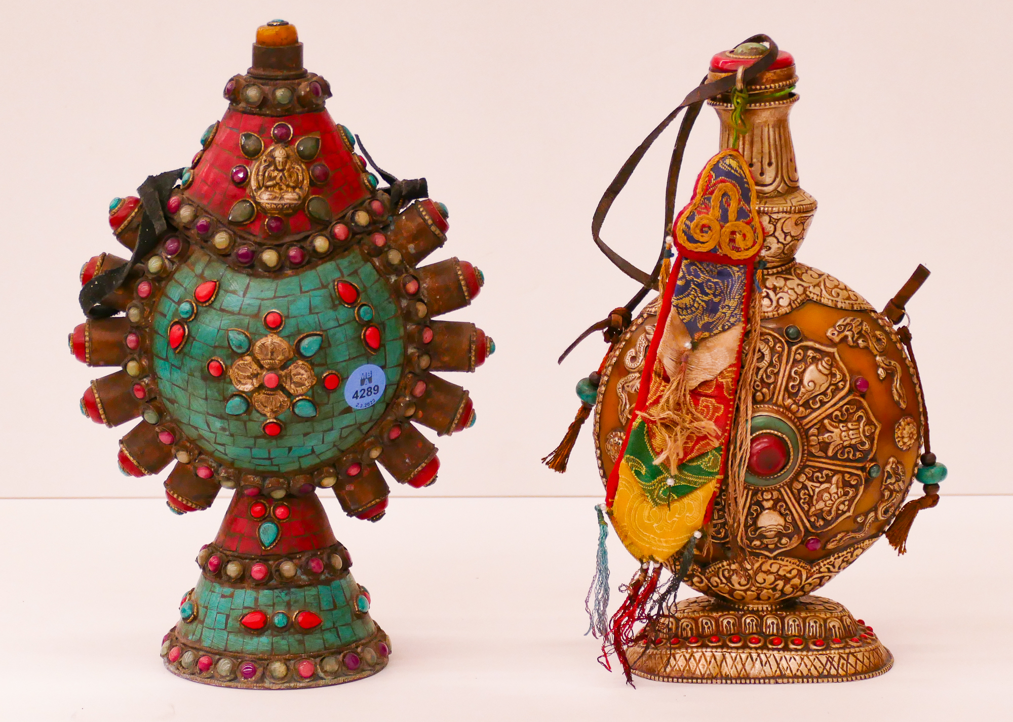 2pc Tibetan Jeweled Buddhist Flasks  368e74