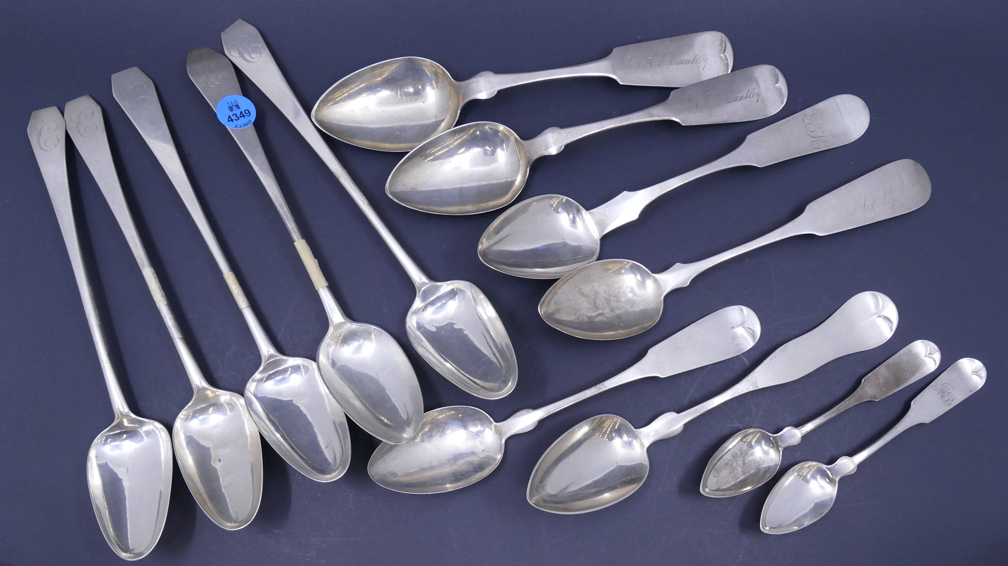 Tray 13pc Coin Silver Antique Spoons-