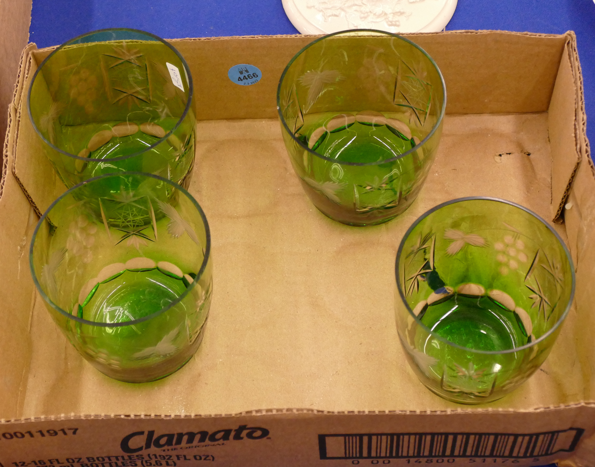 Box 4pc Green Bohemian Cut Glass Old