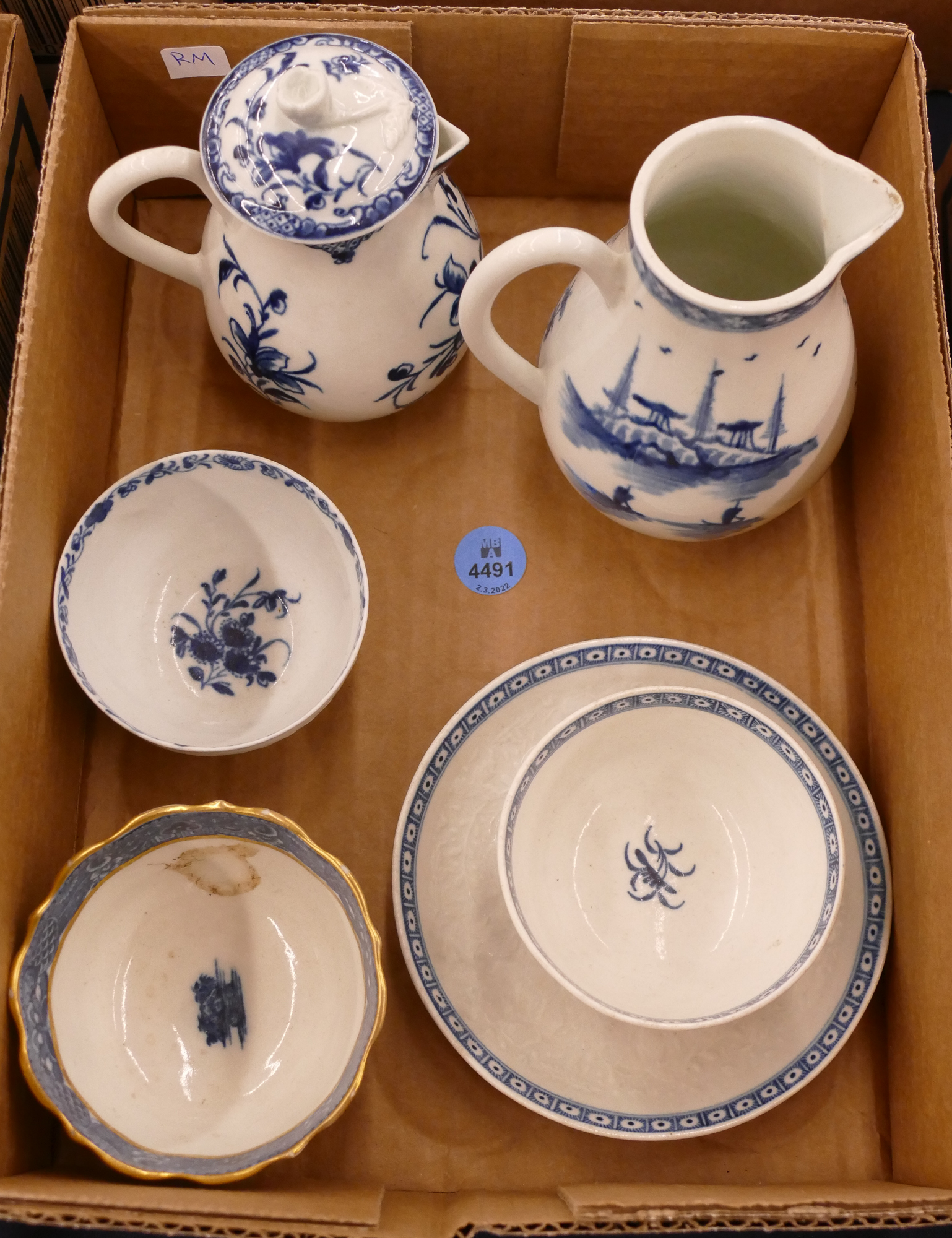 Box 5pc 18th Century Worcester B&W Porcelain