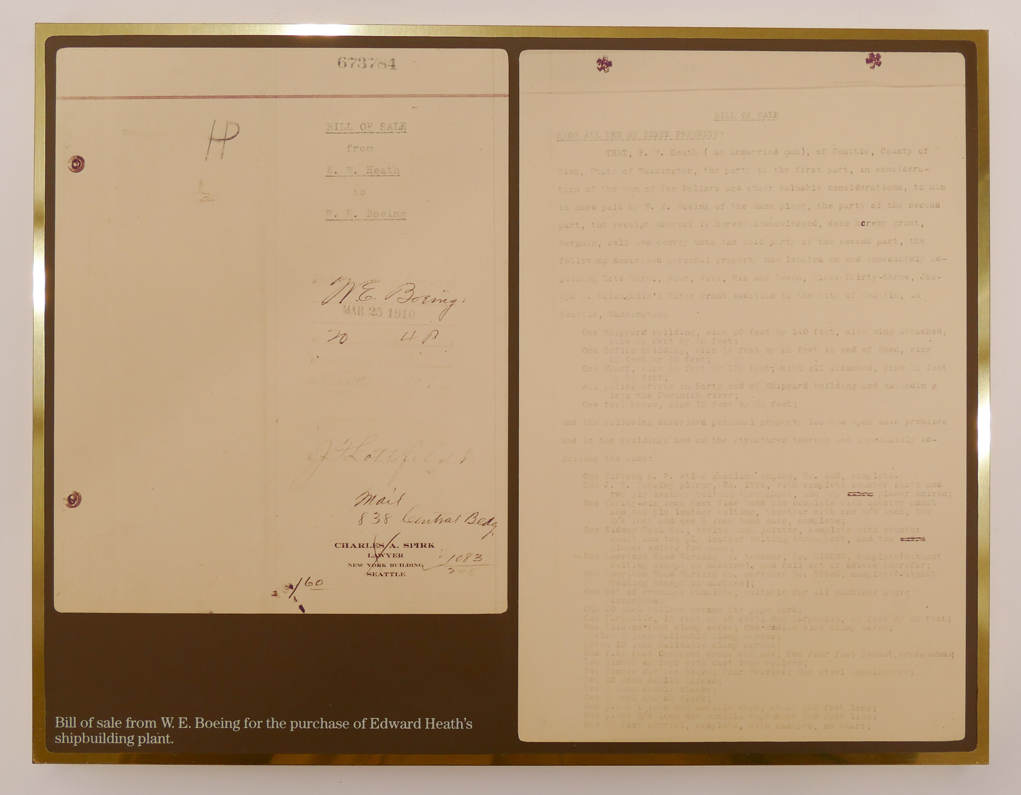 Facsimile William Boeing 1910 Purchase