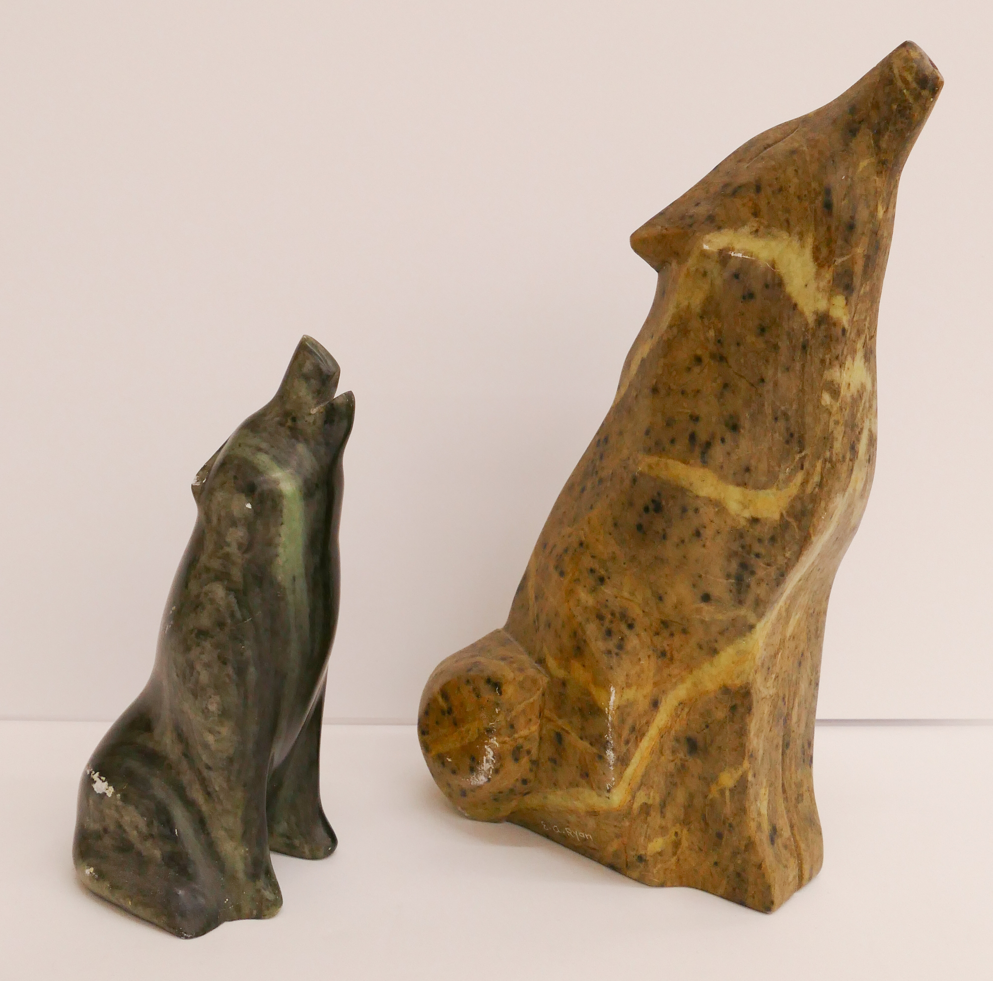Box 2pc Carved Soapstone Wolf Figures-