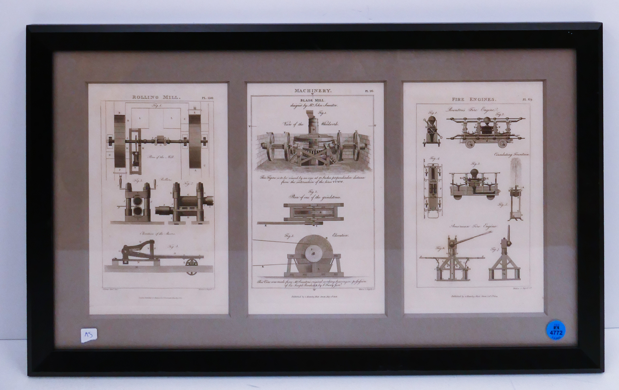 Framed Antique Machinery Triptych Engraving-