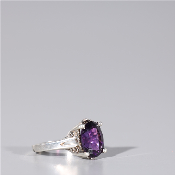 Sterling silver and amethyst ring; size