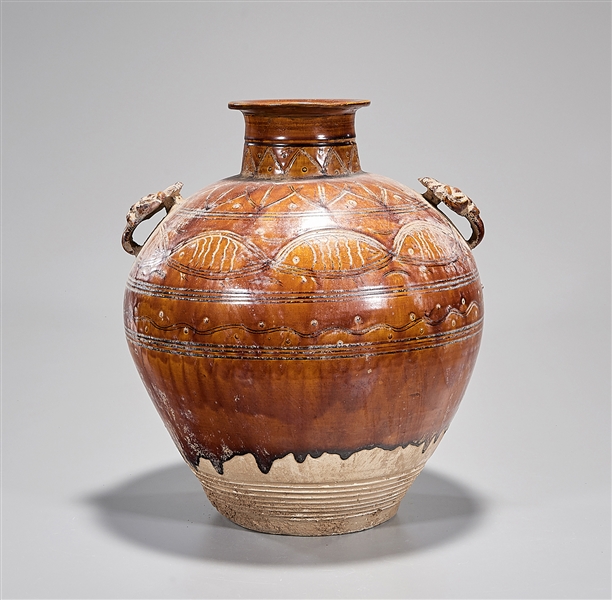 Chinese glazed pottery jar; 15"