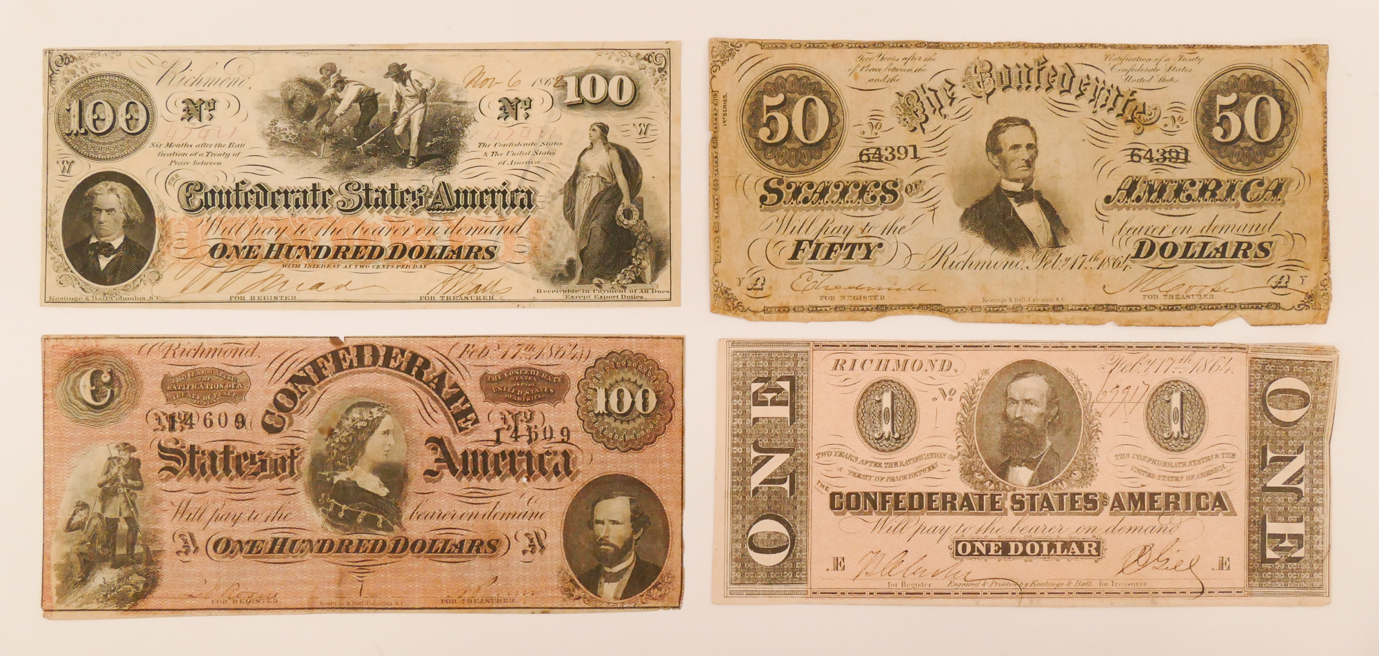 4pc Civil War Confederate States Banknotes