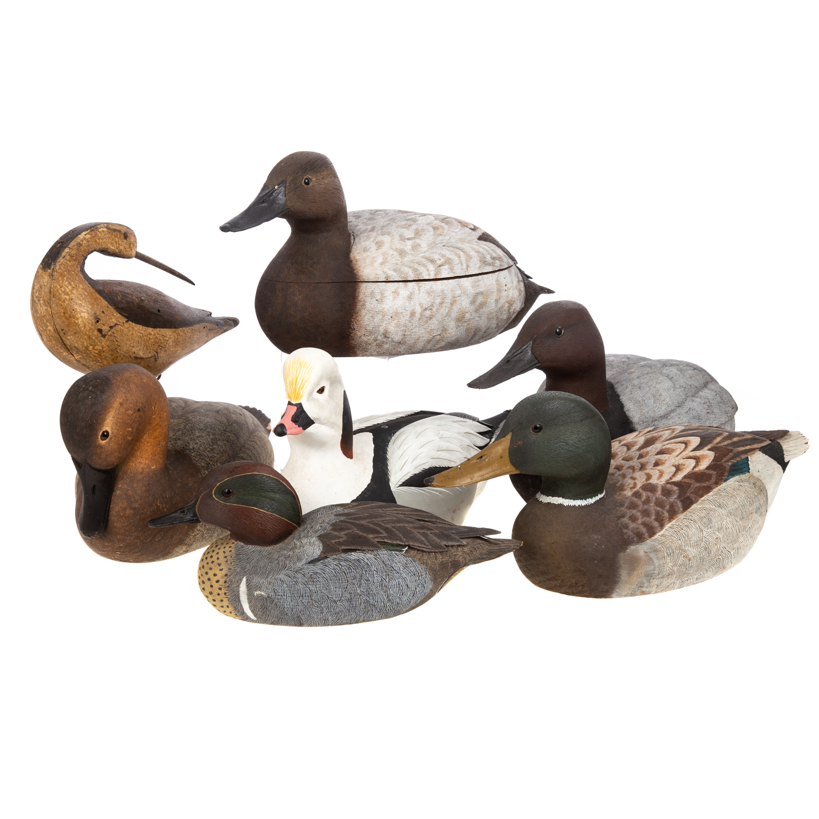 SIX CARVED WOOD DUCKS & PRIMITIVE