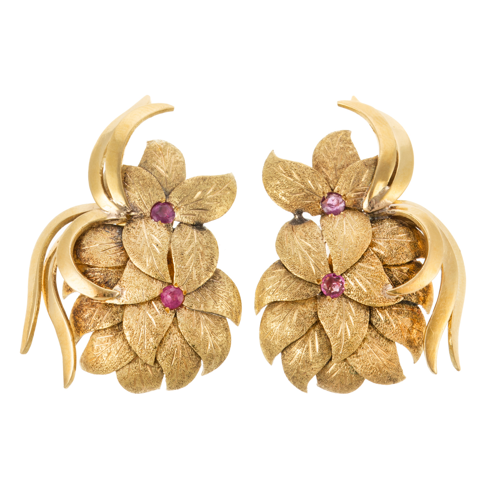 A PAIR OF RUBY FLOWER EAR CLIPS