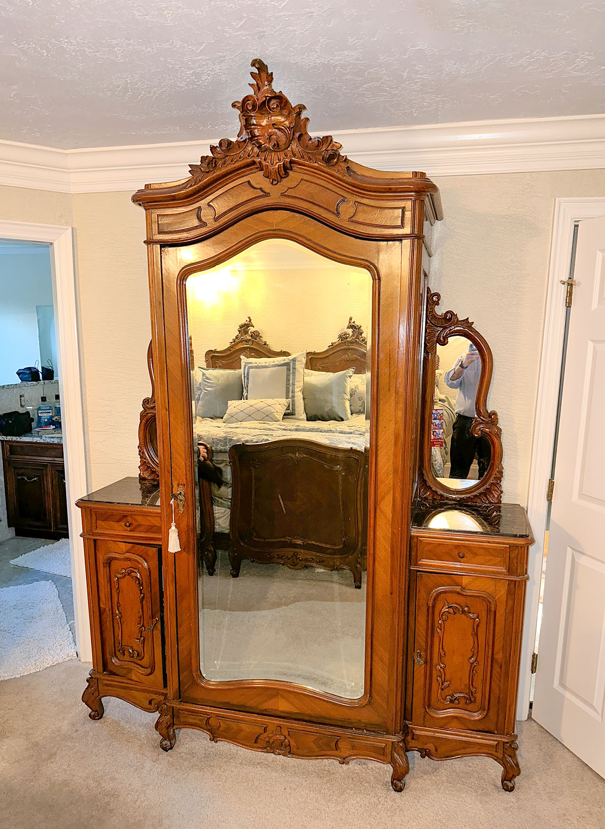 FRENCH CARVED WALNUT ARMOIRE VANITY  3697aa