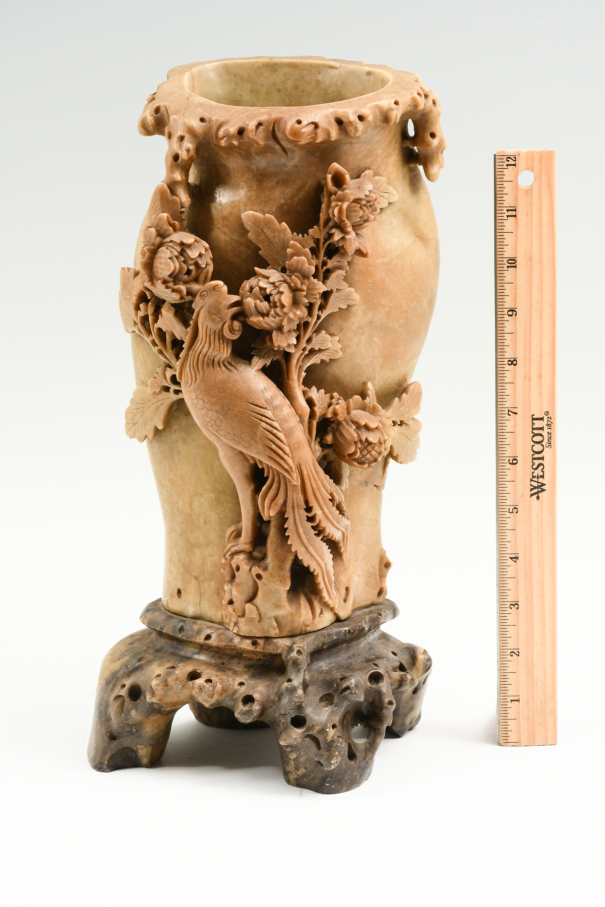 CARVED SOAPSTONE BIRD MOTIF VASE: Carved