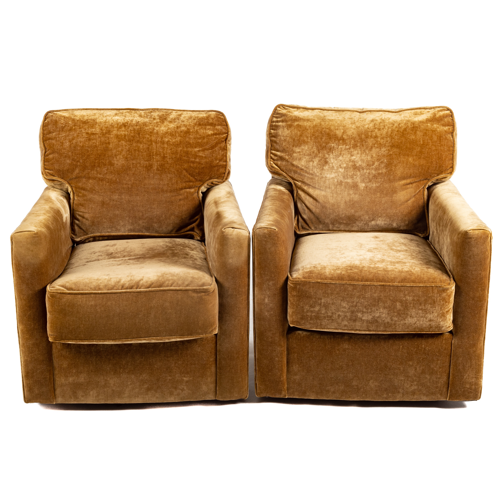 A PAIR OF ROWE UPHOLSTERED SWIVEL