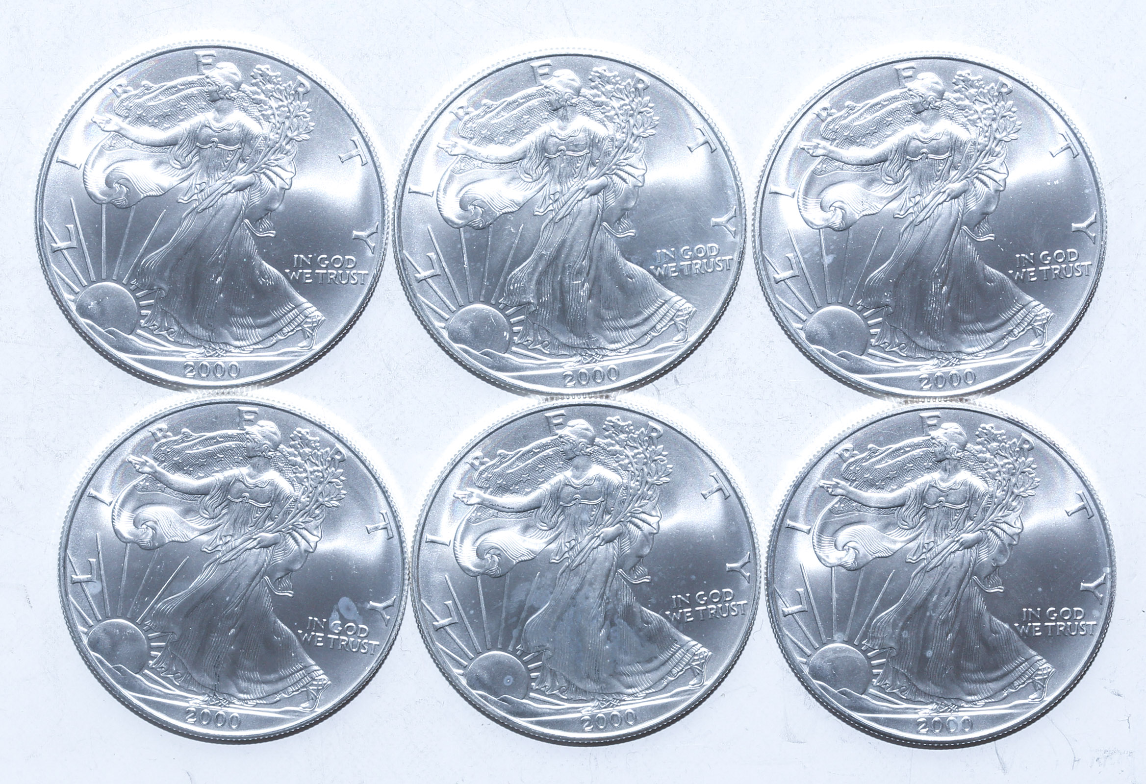 SIX YEAR 2000 US SILVER EAGLES