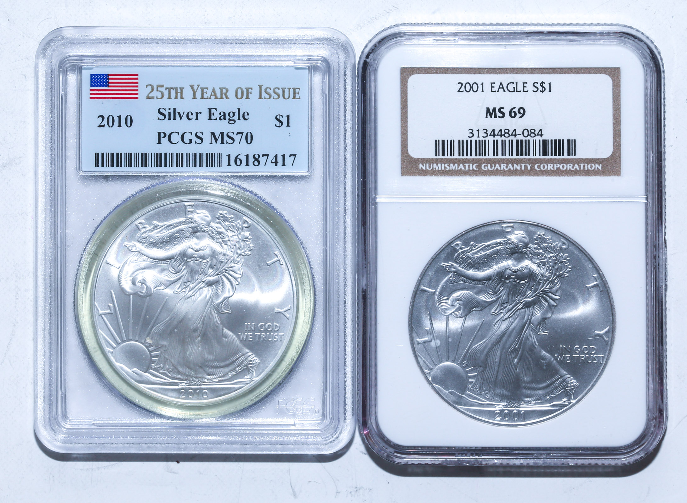 A PAIR OF SILVER EAGLES 2010 PCGS-70