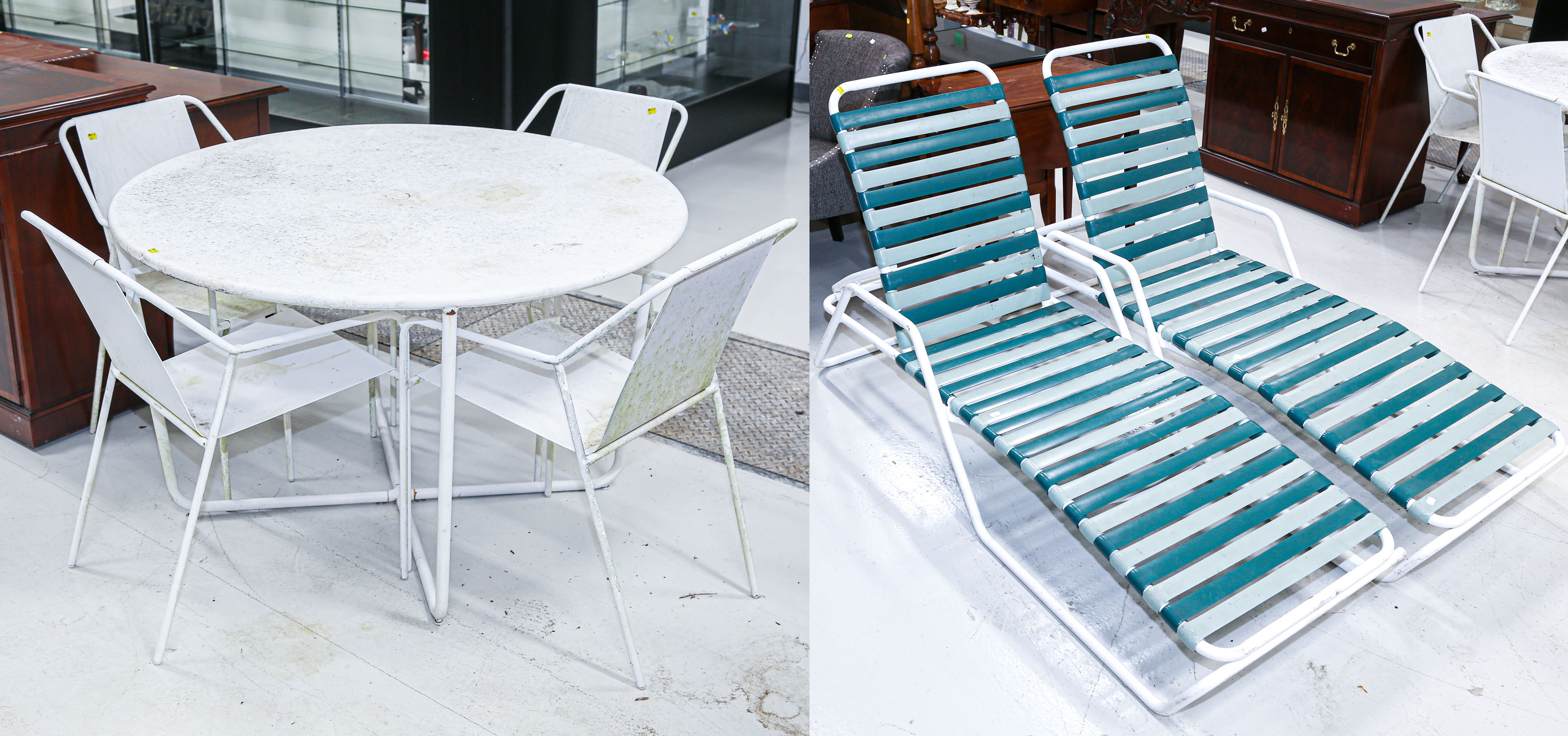 METAL PATIO TABLE & CHAIRS; A PAIR