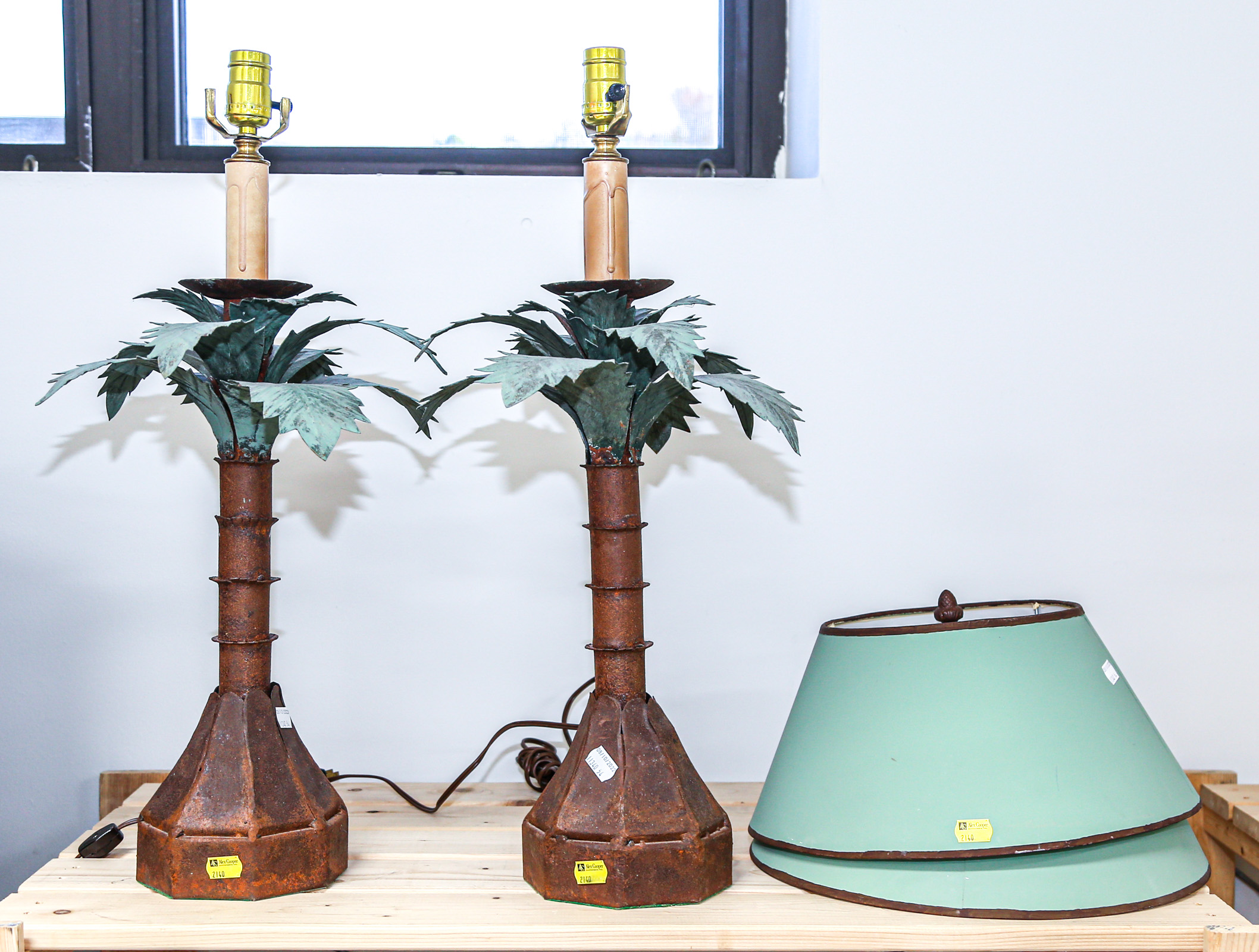 TWO METAL PALM TREE FORM TABLE LAMPS