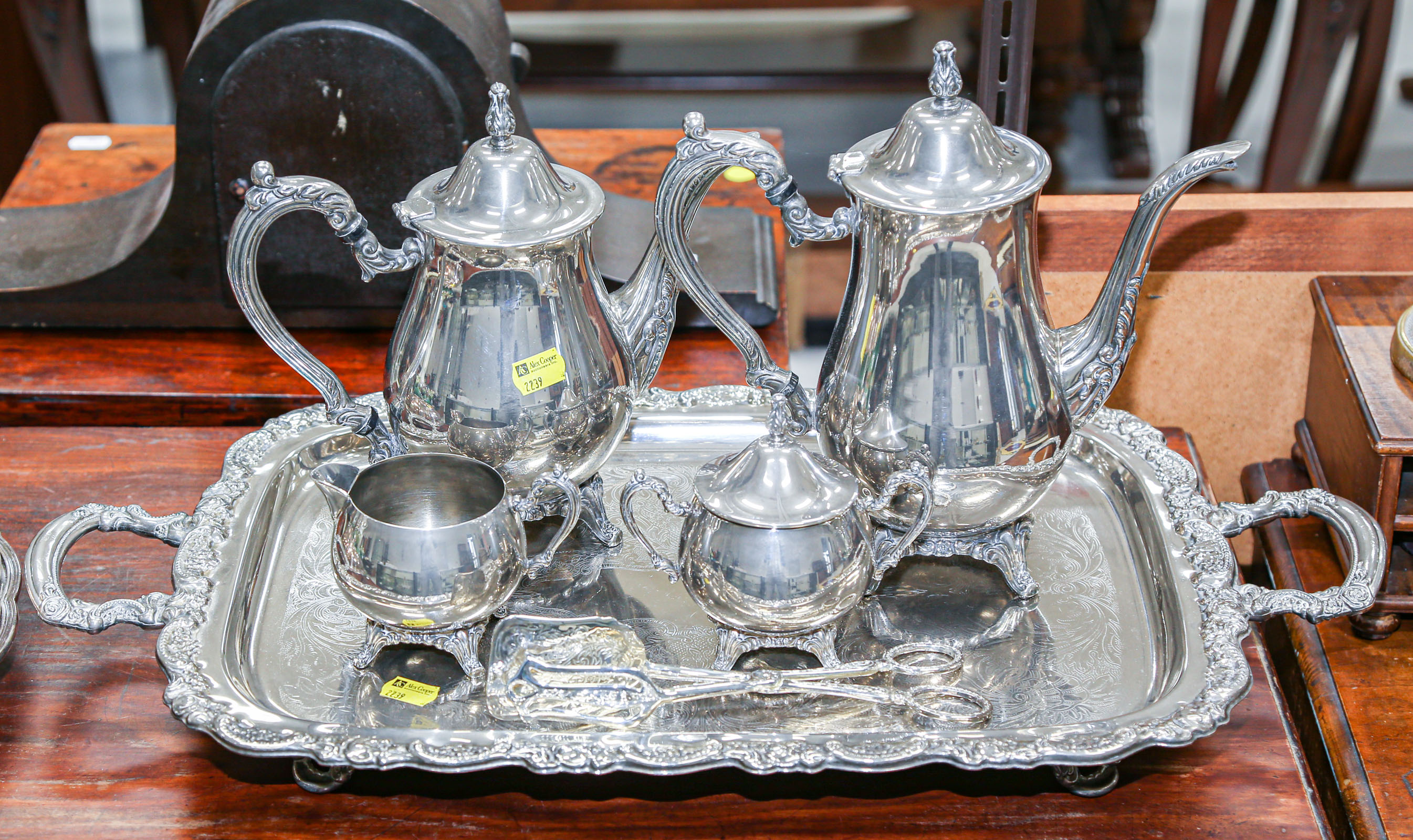 SILVER PLATED TEA SET WITH TRAY & SERVING
