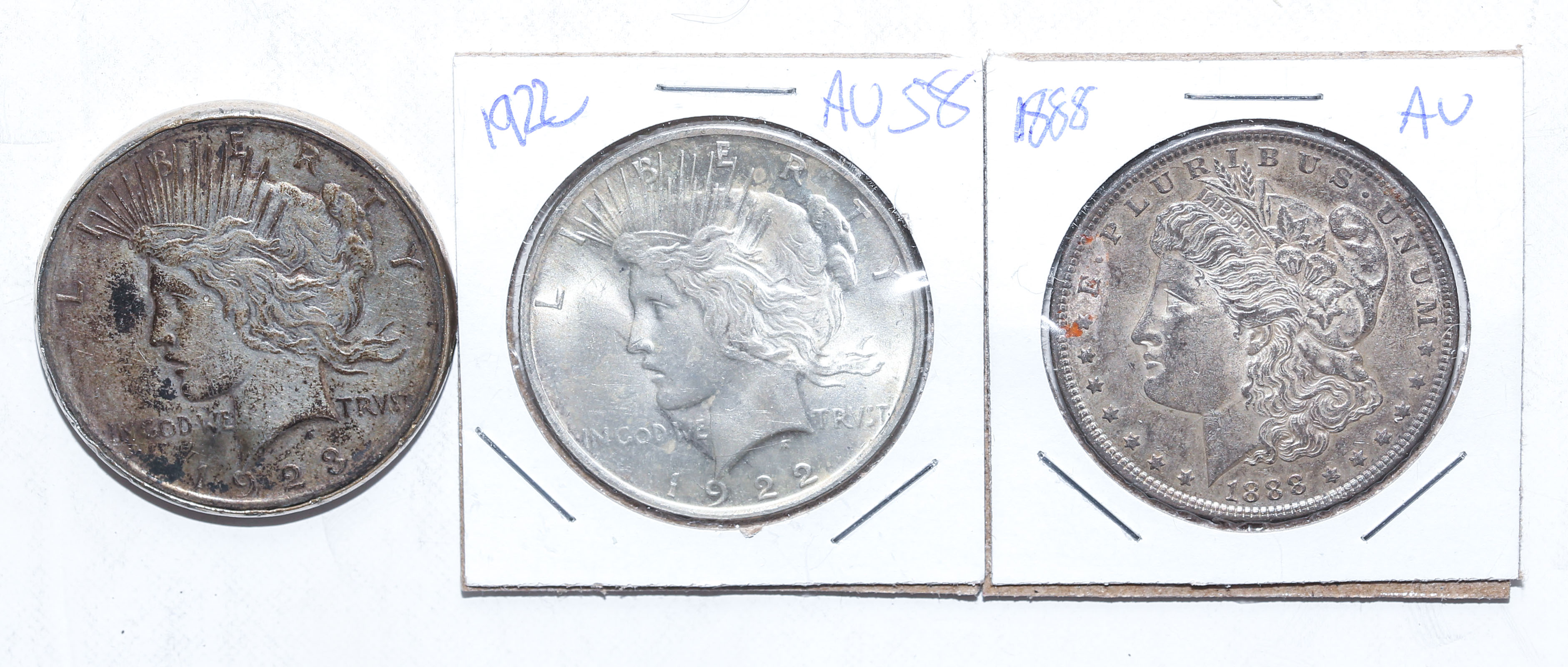 THREE US SILVER DOLLARS 1888 AU,