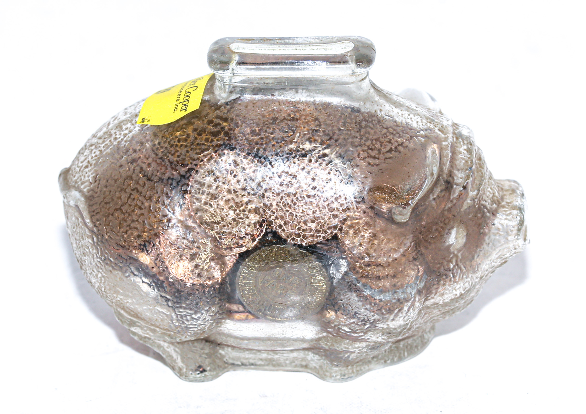 GLASS PIGGY BANK FILLED WITH COINS 369d68