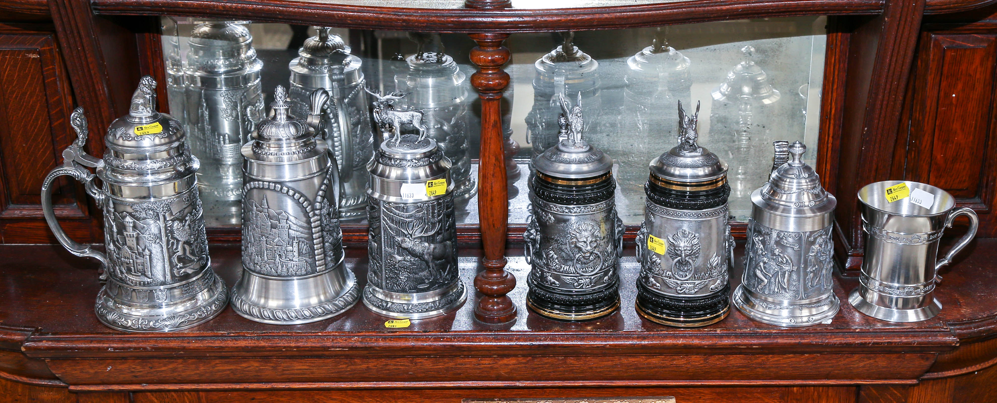 SIX ORNATE GERMAN PEWTER STEINS 369d9f