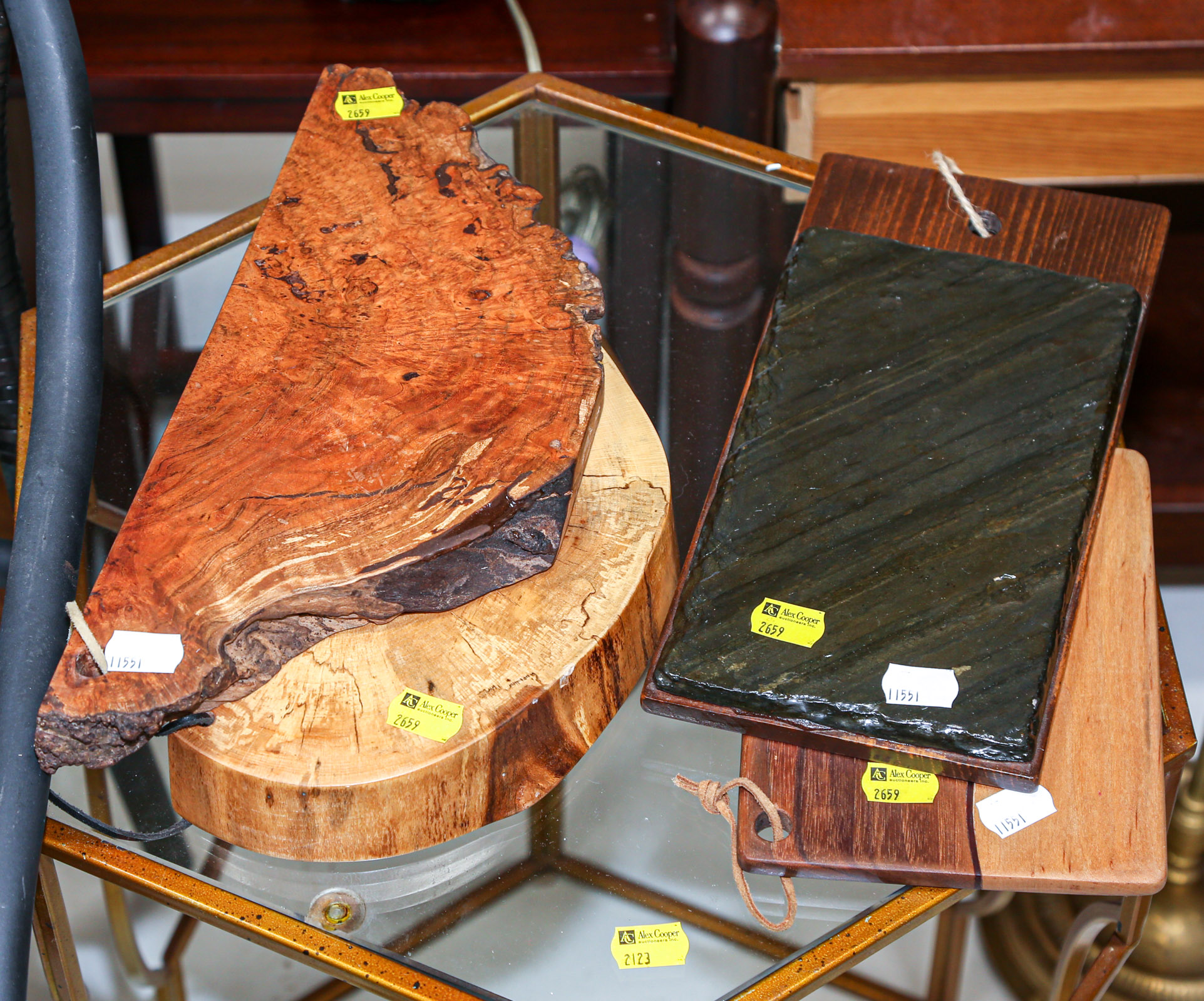 THREE WOOD CUTTING BOARDS One with applied