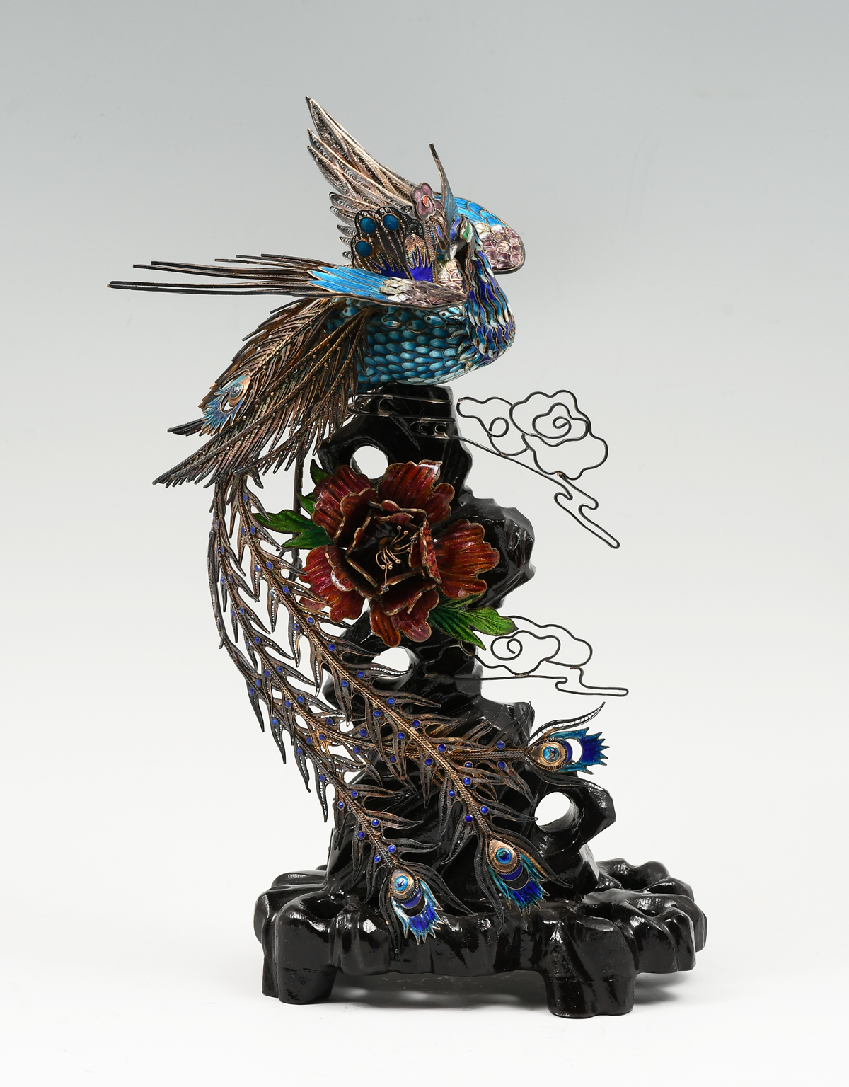 CHINESE ENAMELED SILVER FILIGREE PHOENIX