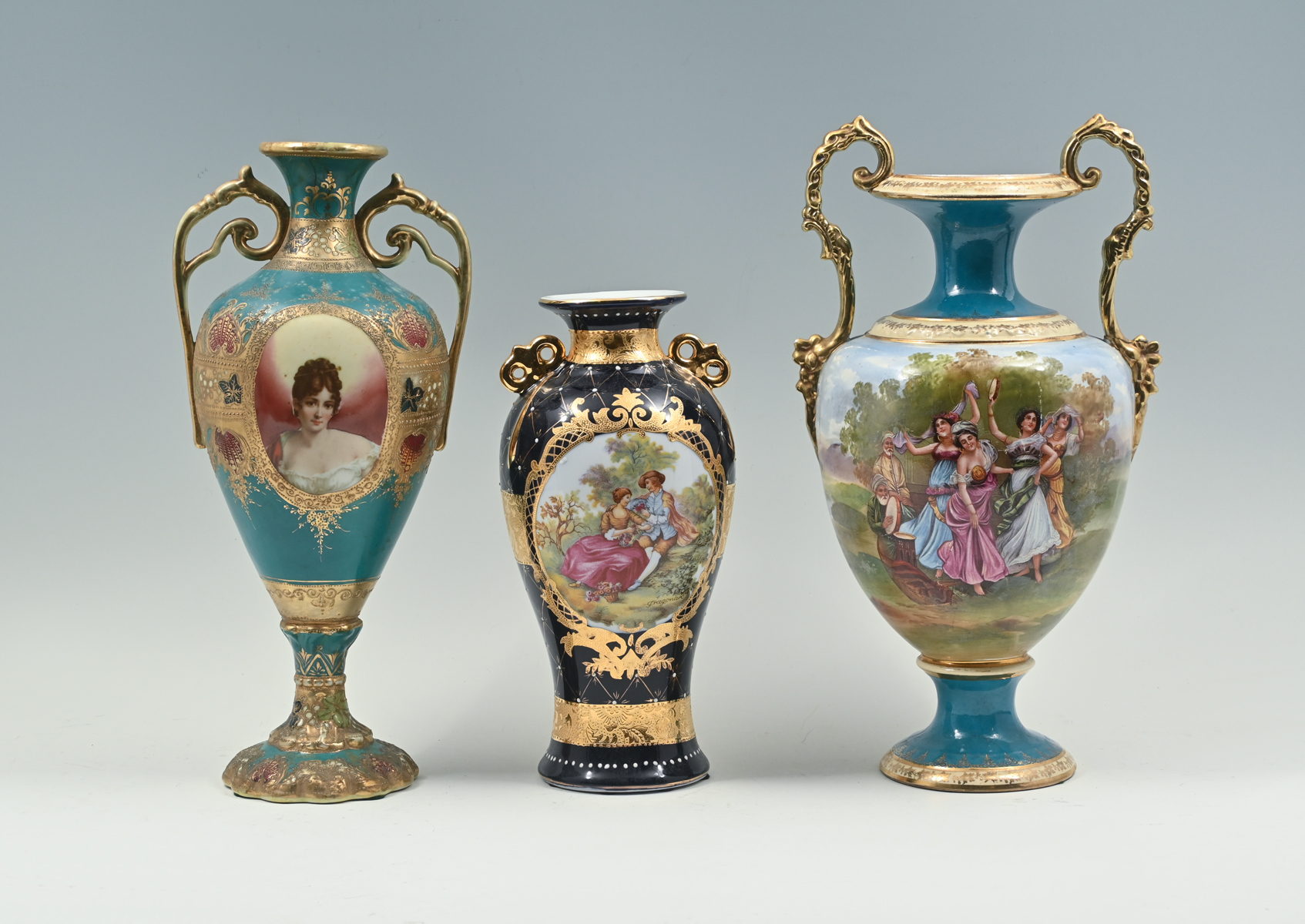 3 PC. EUROPEAN FIGURAL PORCELAIN VASES: