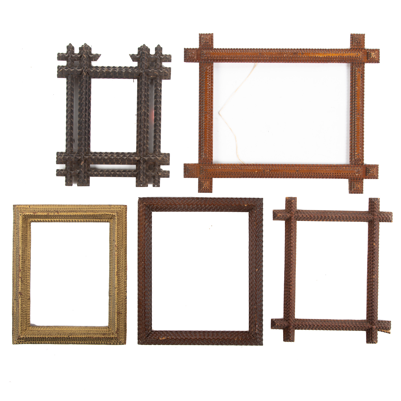 FIVE TRAMP ART FRAMES Notch carved,