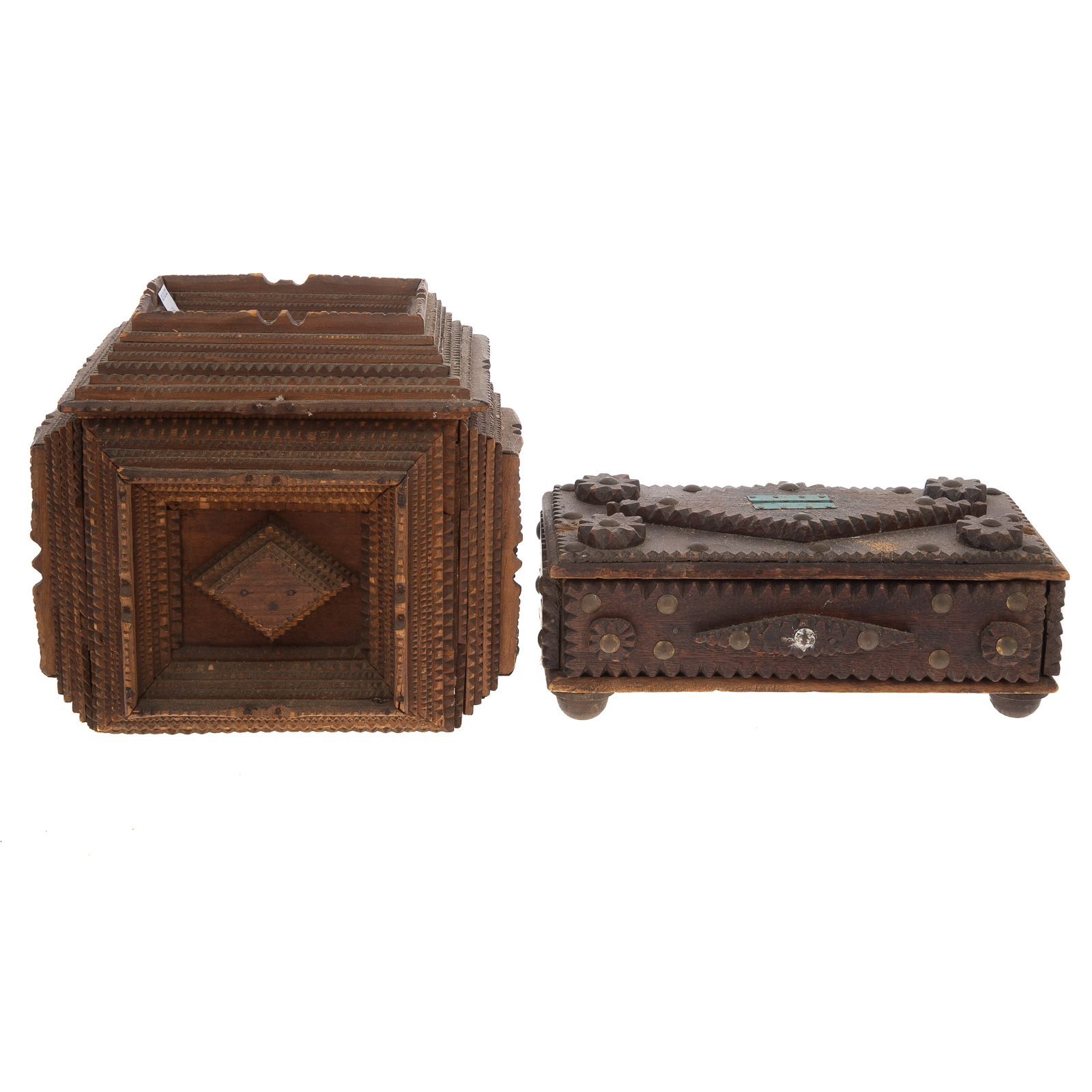 TWO TRAMP ART NOTCH CARVED BOXES 369fea